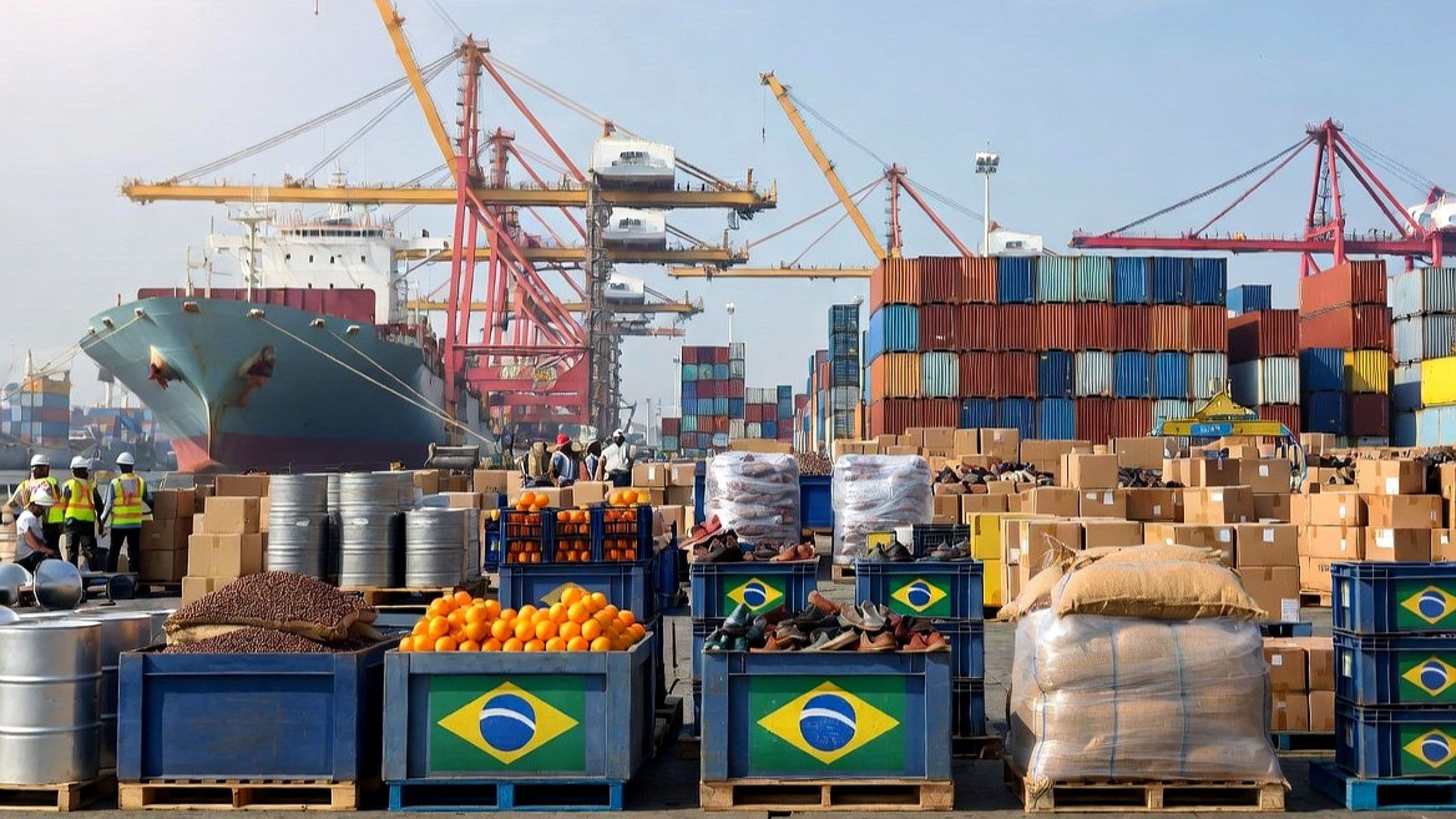 Contêineres empilhados em um terminal portuário ao lado de guindastes de carga, representando o comércio internacional e os impactos das tarifas sobre produtos brasileiros.