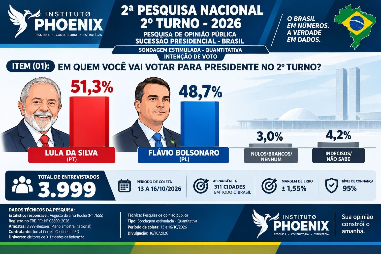 Gráfico comparativo com os percentuais de intenção de voto para Lula e Flávio Bolsonaro na pesquisa nacional do Instituto Phoenix.